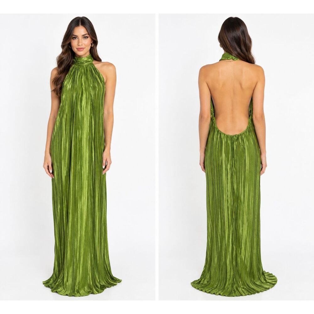 Lulus Pleated Halter Maxi Dress Olive Green XL NEW